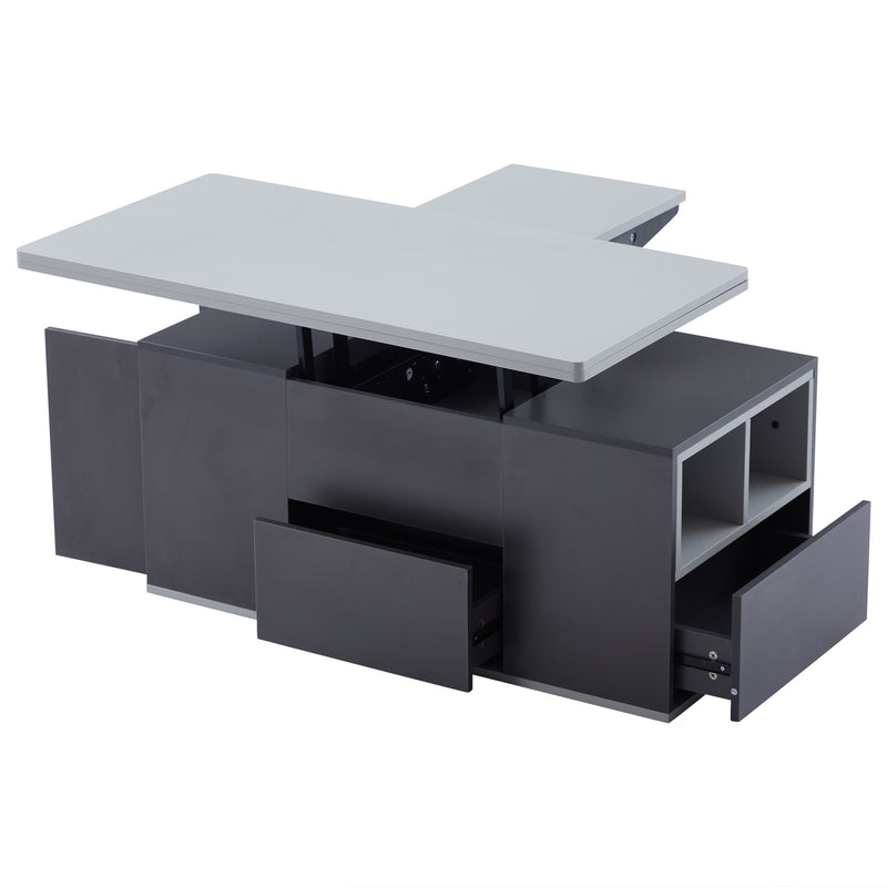 Table basse relevable 2 plateaux 2 tiroirs blanc et gris foncé SCODS