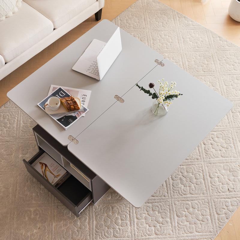 Table basse relevable 2 plateaux 2 tiroirs blanc et gris foncé SCODS