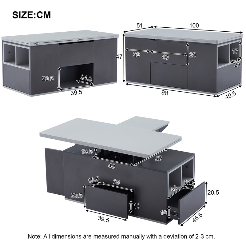 Table basse relevable 2 plateaux 2 tiroirs blanc et gris foncé SCODS