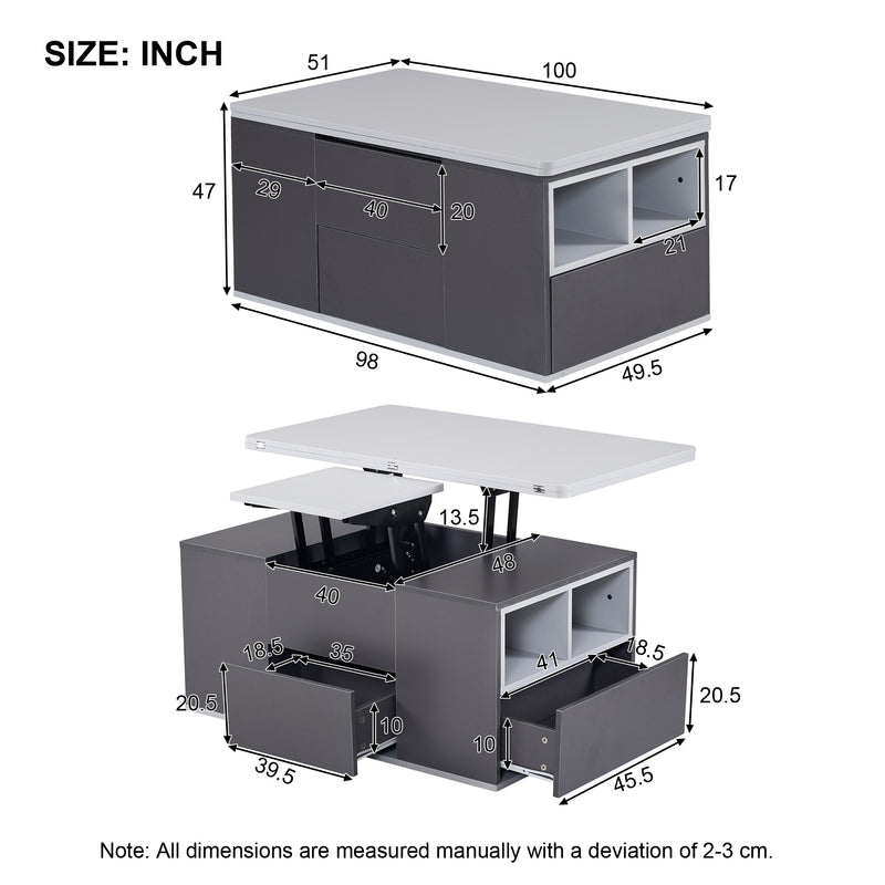 Table basse relevable 2 plateaux 3 tiroirs blanc et gris foncé SCODS