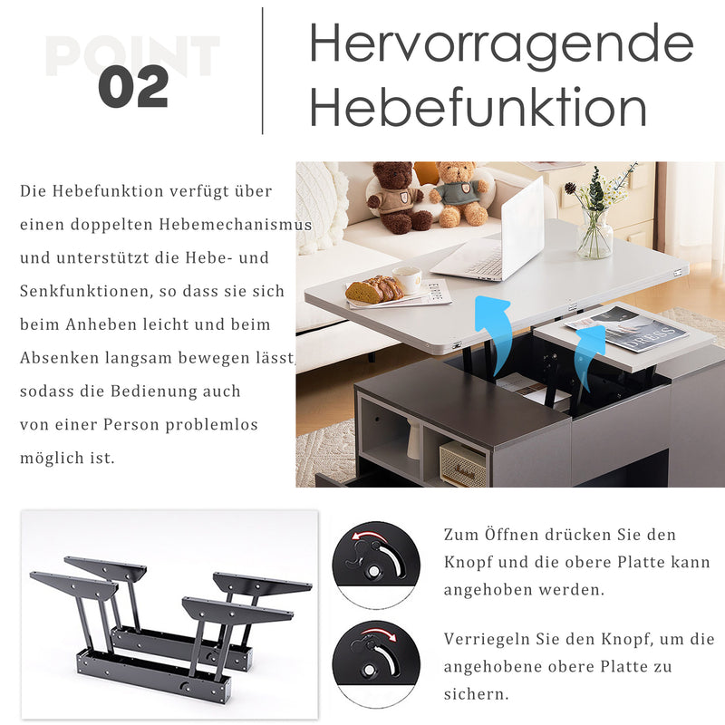 Table basse relevable 2 plateaux 2 tiroirs blanc et gris foncé SCODS