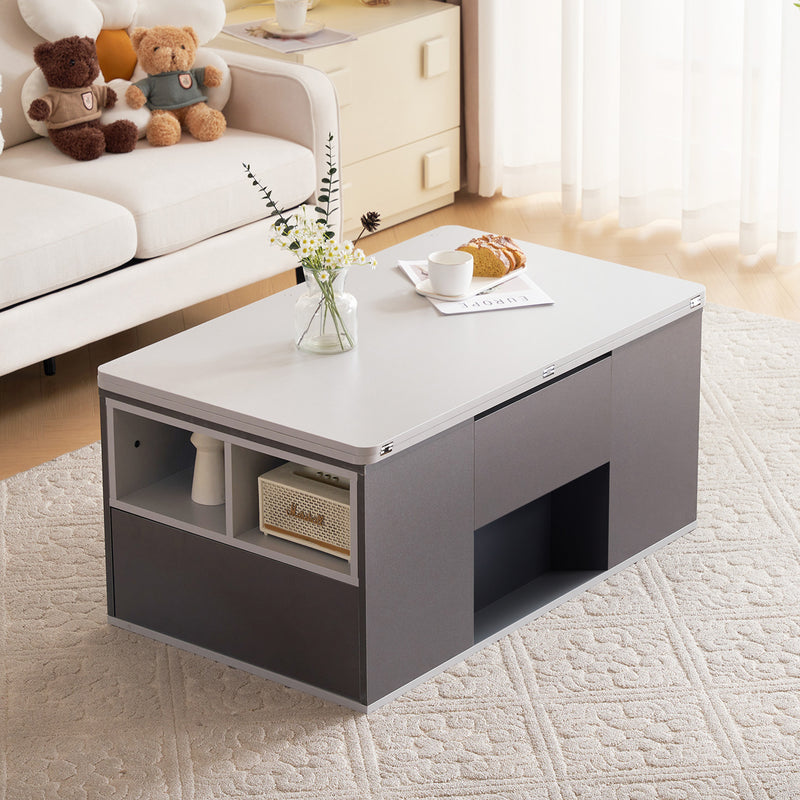 Table basse relevable 2 plateaux 2 tiroirs blanc et gris foncé SCODS