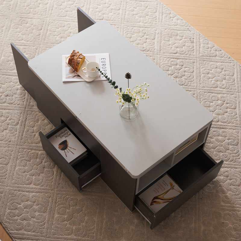 Table basse relevable 2 plateaux 2 tiroirs blanc et gris foncé SCODS