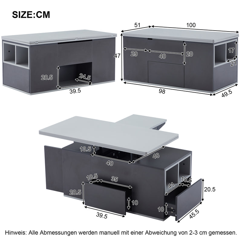 Table basse relevable 2 plateaux 2 tiroirs blanc et gris foncé SCODS