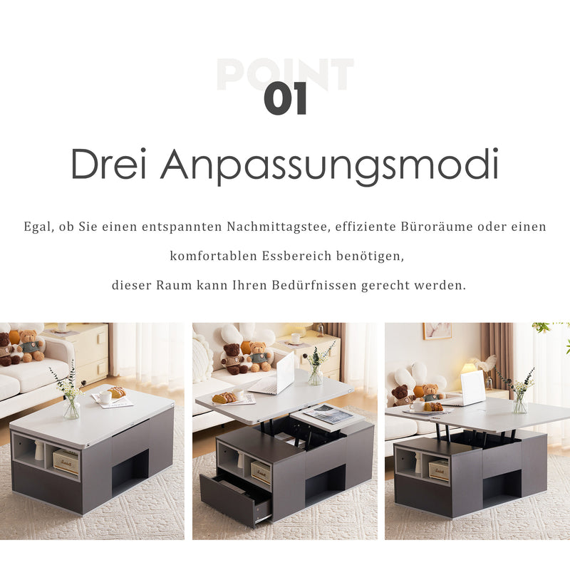 Table basse relevable 2 plateaux 2 tiroirs blanc et gris foncé SCODS