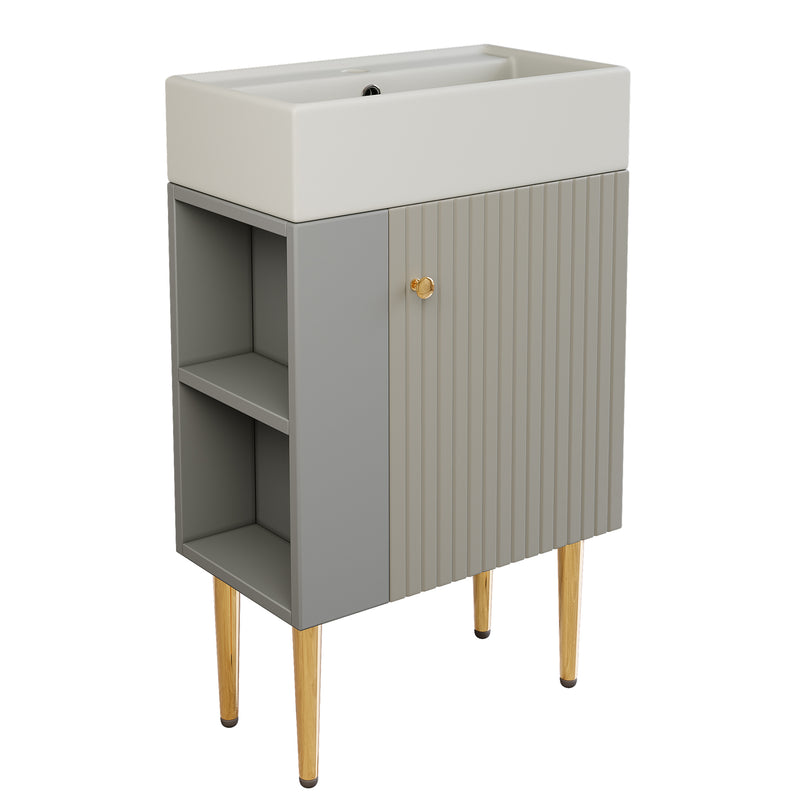 Meuble de salle de bain gris clair avec vasque blanc et pieds dorés (robinet non inclus) SCOPA