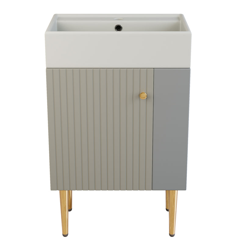 Meuble de salle de bain gris clair avec vasque blanc et pieds dorés (robinet non inclus) SCOPA