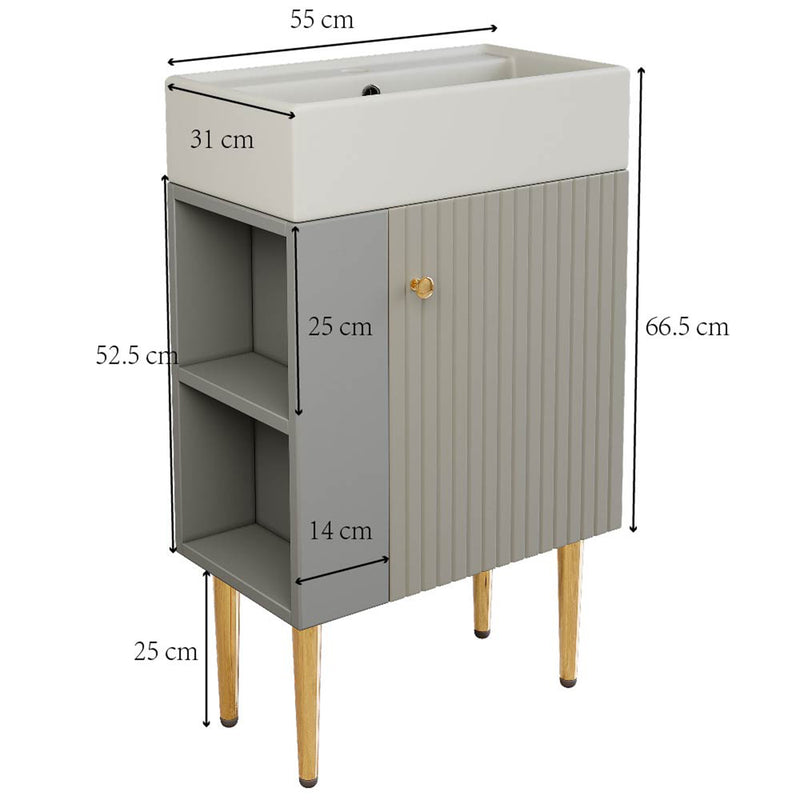 Meuble de salle de bain gris clair avec vasque blanc et pieds dorés (robinet non inclus) SCOPA