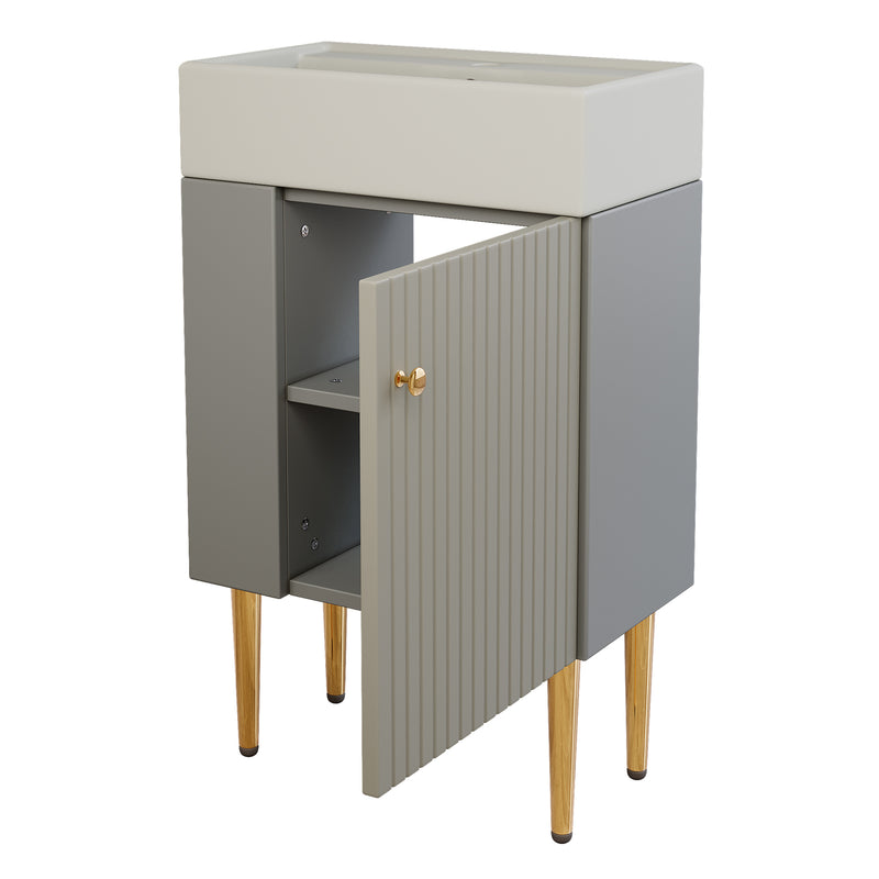 Meuble de salle de bain gris clair avec vasque blanc et pieds dorés (robinet non inclus) SCOPA