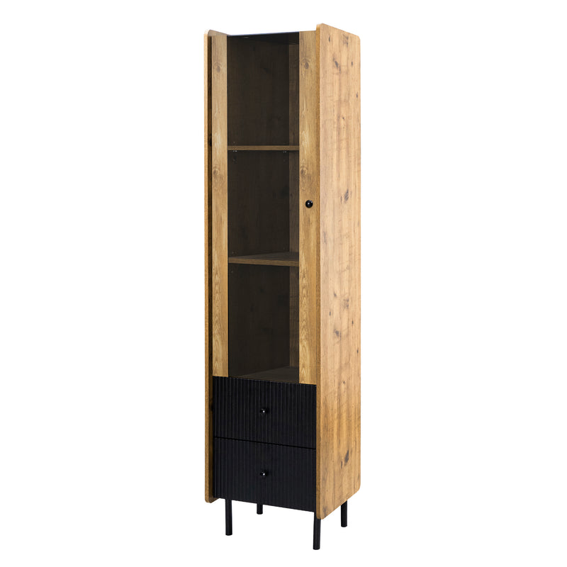 Buffet vitrine haut effet bois et tiroirs noirs avec éclairage LED jaune 180x44x40cm SCREKTALS