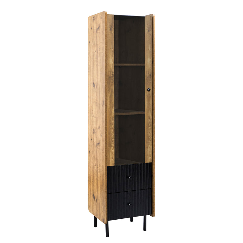 Buffet vitrine haut effet bois et tiroirs noirs avec éclairage LED jaune 180x44x40cm SCREKTALS