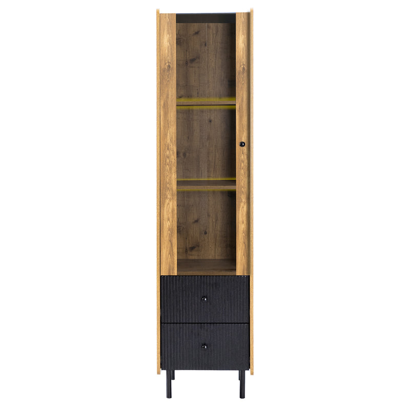 Buffet vitrine haut effet bois et tiroirs noirs avec éclairage LED jaune 180x44x40cm SCREKTALS