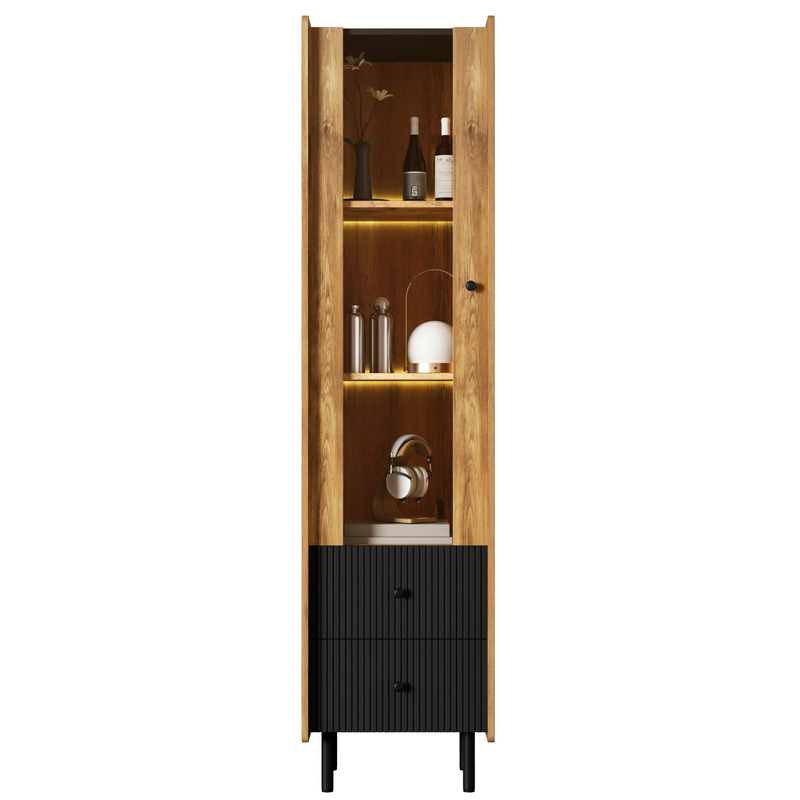 Buffet vitrine haut effet bois et tiroirs noirs avec éclairage LED jaune 180x44x40cm SCREKTALS