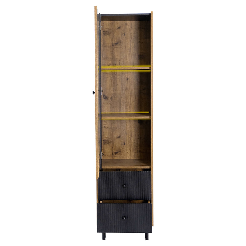 Buffet vitrine haut effet bois et tiroirs noirs avec éclairage LED jaune 180x44x40cm SCREKTALS