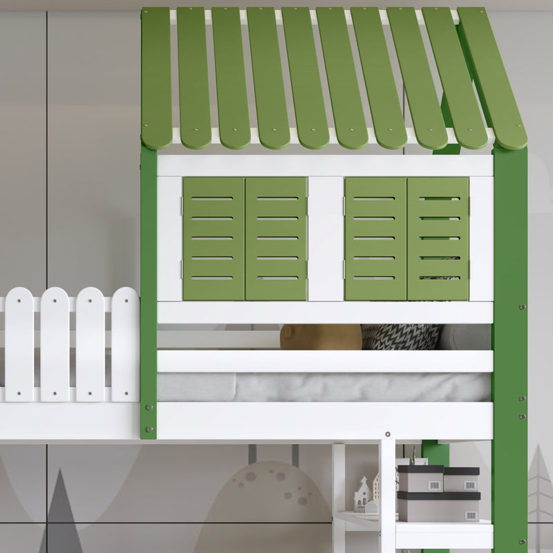 Lit cabane superposé enfants blanc & vert avec toit, fenêtres, armoire et étagères SCREXITS