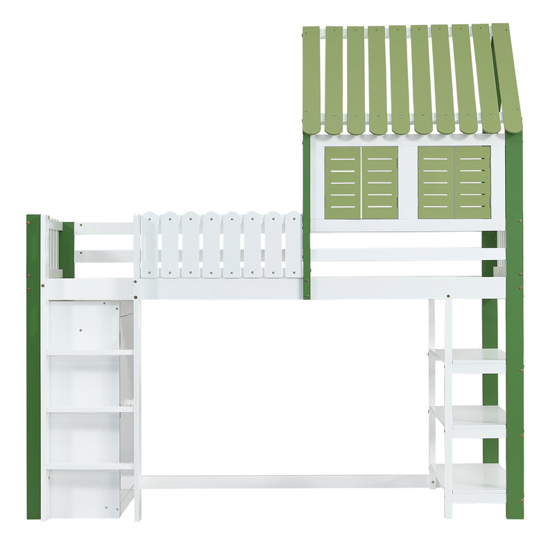 Lit cabane superposé enfants blanc & vert avec toit, fenêtres, armoire et étagères SCREXITS