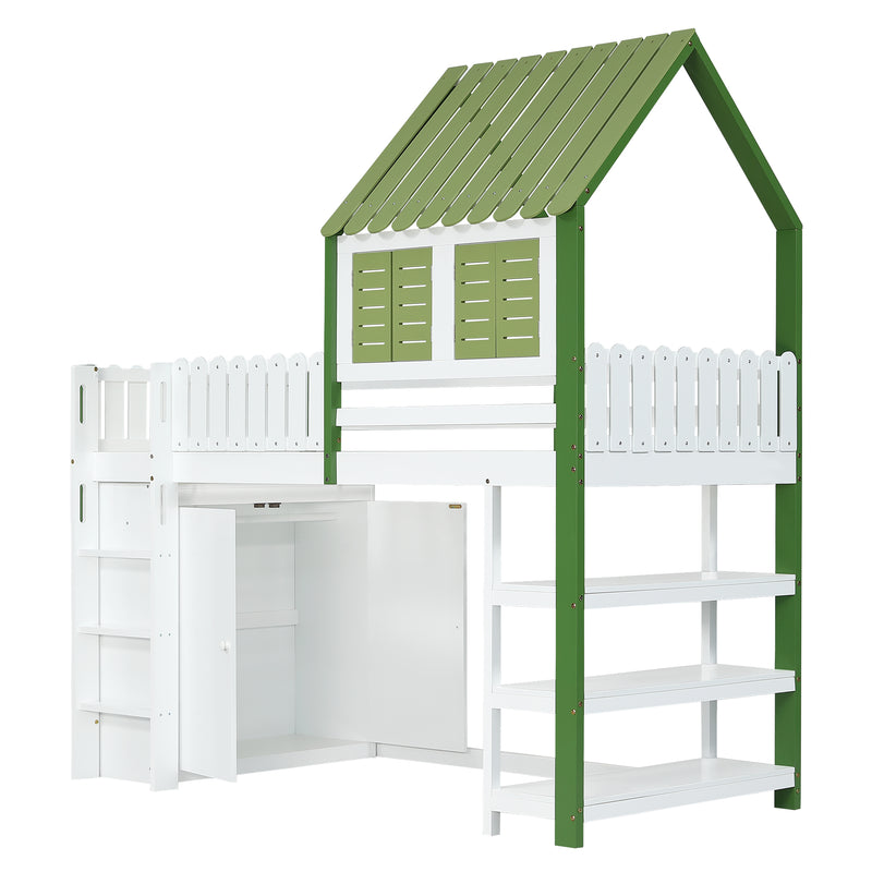 Lit cabane superposé enfants blanc & vert avec toit, fenêtres, armoire et étagères SCREXITS