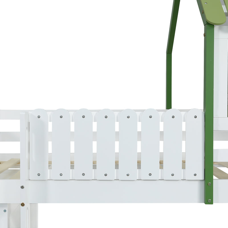 Lit cabane superposé enfants blanc & vert avec toit, fenêtres, armoire et étagères SCREXITS