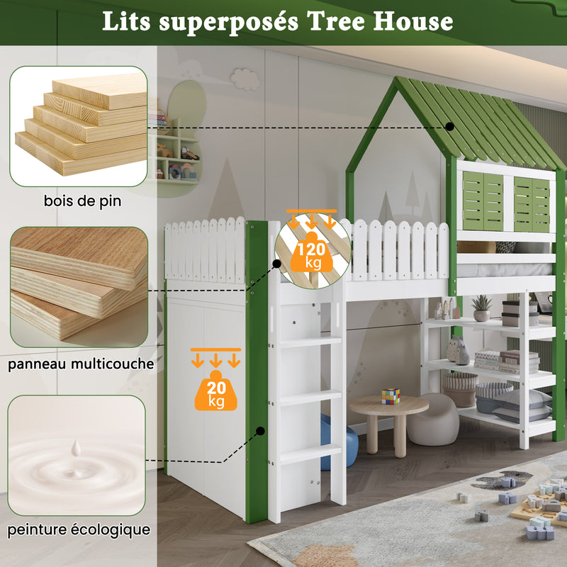 Lit cabane superposé enfants blanc & vert avec toit, fenêtres, armoire et étagères SCREXITS
