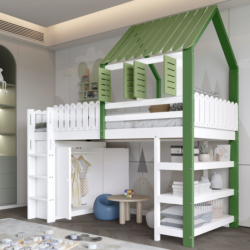 Lit cabane superposé enfants blanc & vert avec toit, fenêtres, armoire et étagères SCREXITS