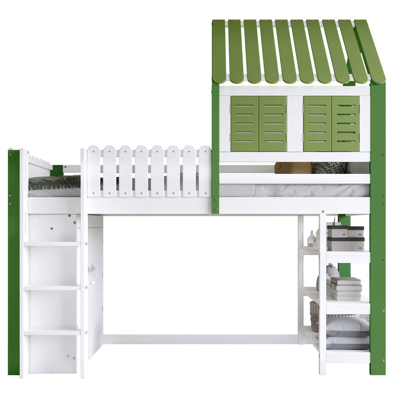 Lit cabane superposé enfants blanc & vert avec toit, fenêtres, armoire et étagères SCREXITS