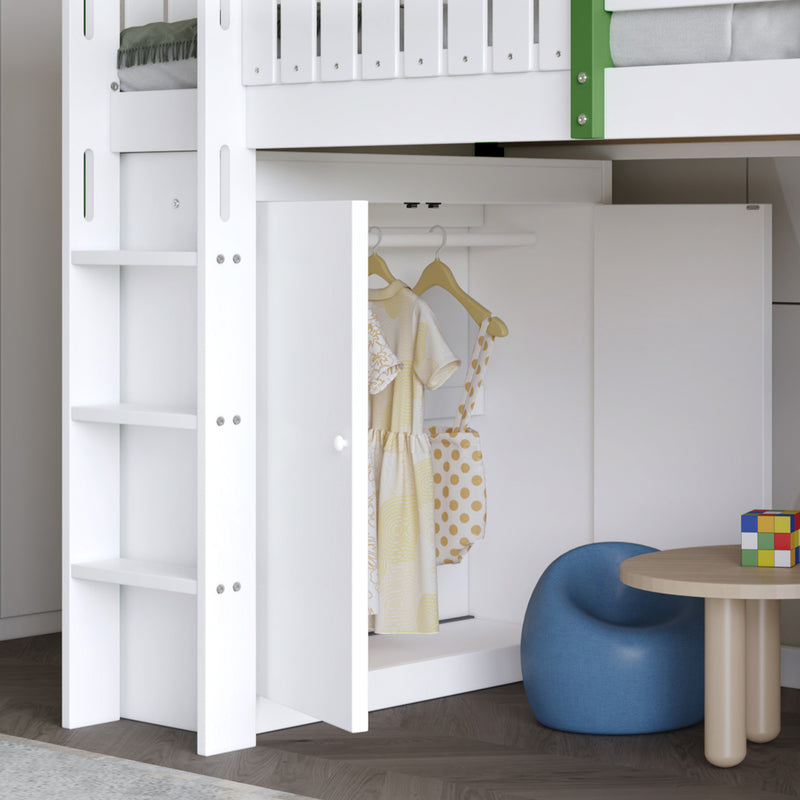 Lit cabane superposé enfants blanc & vert avec toit, fenêtres, armoire et étagères SCREXITS