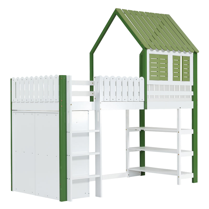Lit cabane superposé enfants blanc & vert avec toit, fenêtres, armoire et étagères SCREXITS