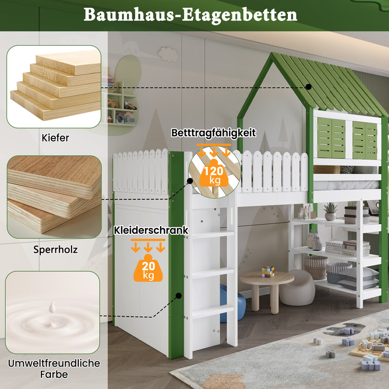 Lit cabane superposé enfants blanc & vert avec toit, fenêtres, armoire et étagères SCREXITS