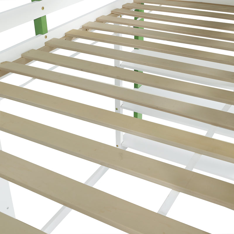 Lit cabane superposé enfants blanc & vert avec toit, fenêtres, armoire et étagères SCREXITS