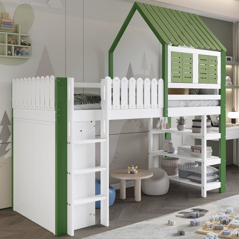 Lit cabane superposé enfants blanc & vert avec toit, fenêtres, armoire et étagères SCREXITS