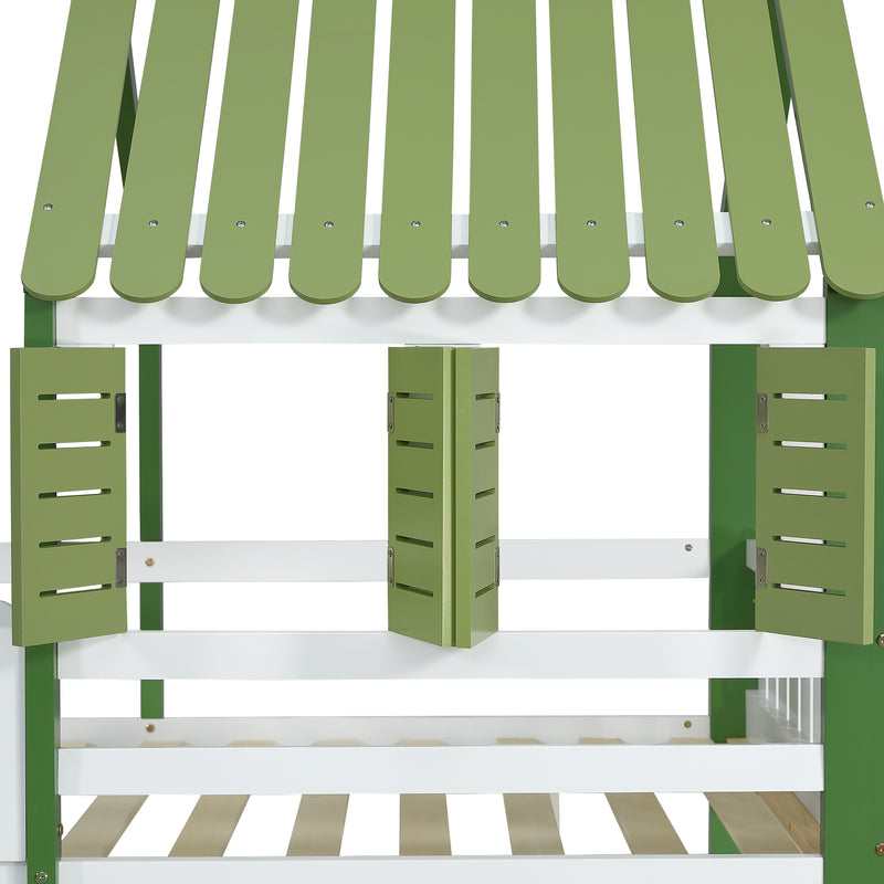 Lit cabane superposé enfants blanc & vert avec toit, fenêtres, armoire et étagères SCREXITS