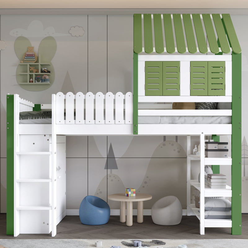 Lit cabane superposé enfants blanc & vert avec toit, fenêtres, armoire et étagères SCREXITS
