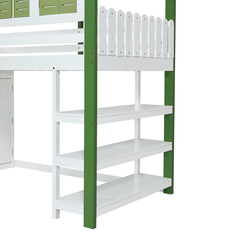 Lit cabane superposé enfants blanc & vert avec toit, fenêtres, armoire et étagères SCREXITS