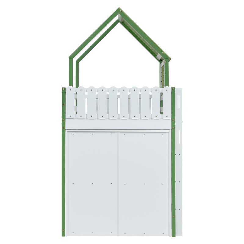 Lit cabane superposé enfants blanc & vert avec toit, fenêtres, armoire et étagères SCREXITS