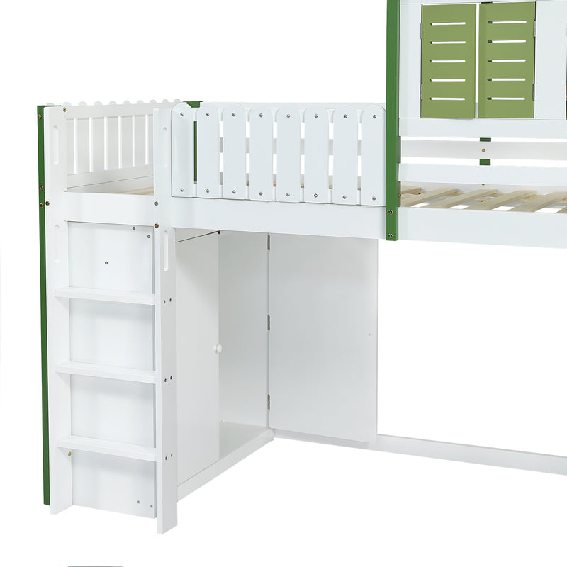 Lit cabane superposé enfants blanc & vert avec toit, fenêtres, armoire et étagères SCREXITS
