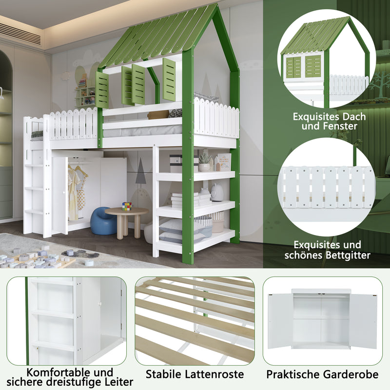 Lit cabane superposé enfants blanc & vert avec toit, fenêtres, armoire et étagères SCREXITS