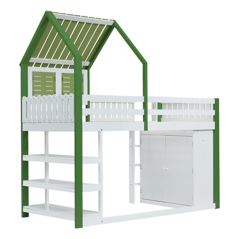 Lit cabane superposé enfants blanc & vert avec toit, fenêtres, armoire et étagères SCREXITS