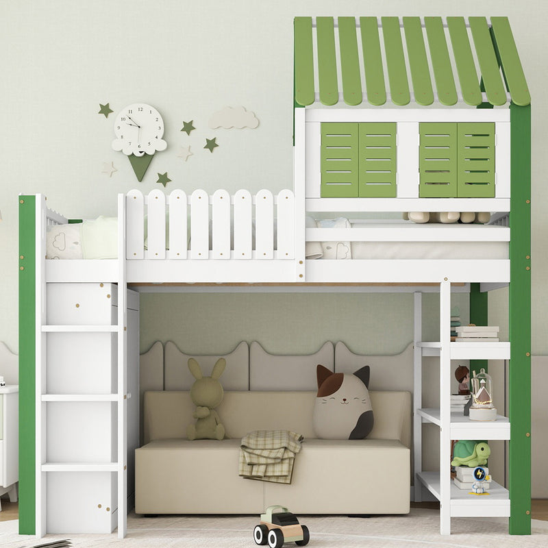 Lit cabane superposé enfants blanc & vert avec toit, fenêtres, armoire et étagères SCREXITS