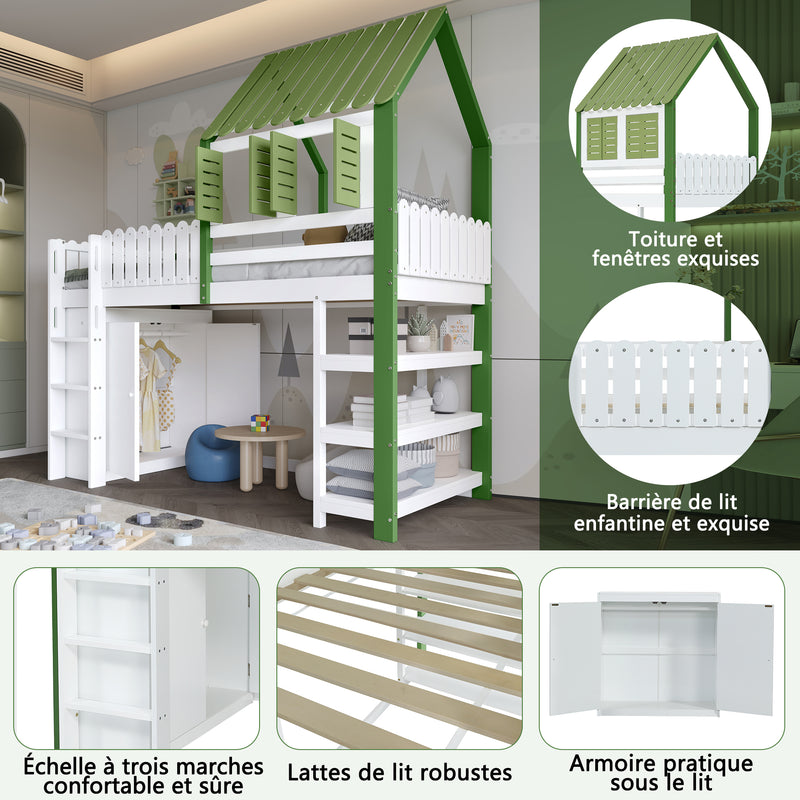 Lit cabane superposé enfants blanc & vert avec toit, fenêtres, armoire et étagères SCREXITS