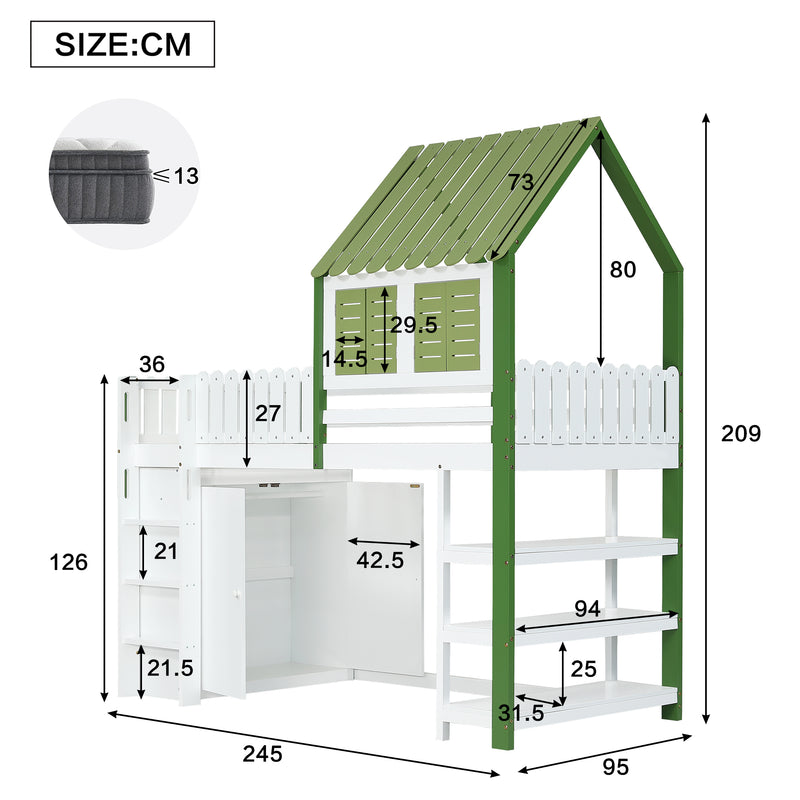 Lit cabane superposé enfants blanc & vert avec toit, fenêtres, armoire et étagères SCREXITS