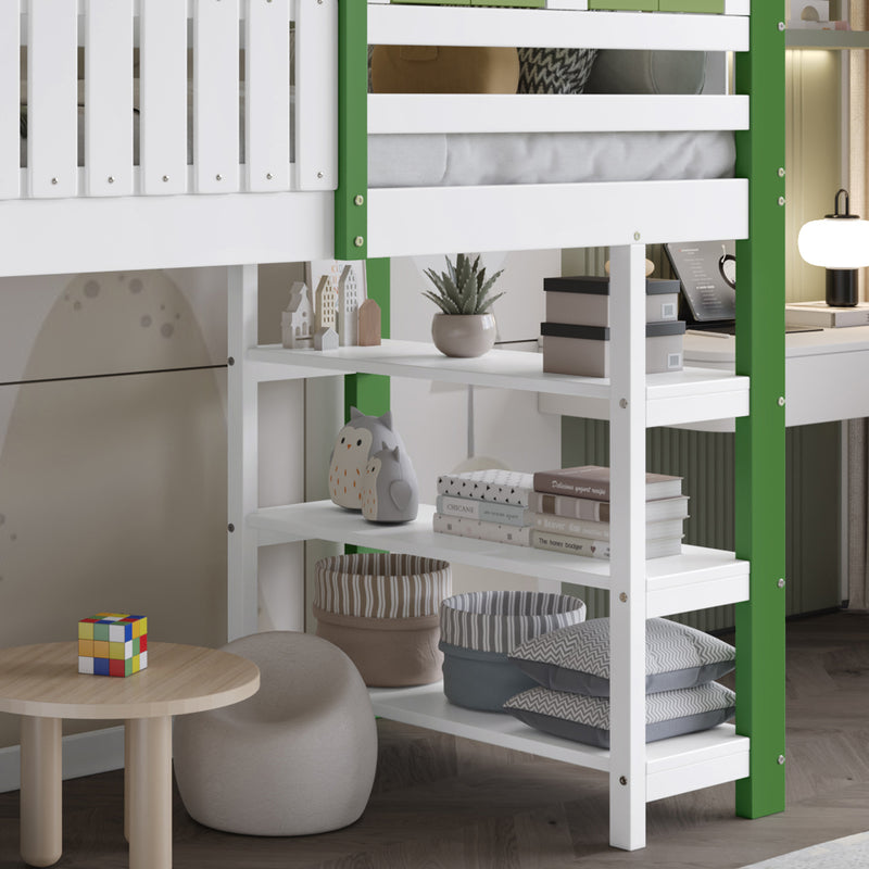 Lit cabane superposé enfants blanc & vert avec toit, fenêtres, armoire et étagères SCREXITS