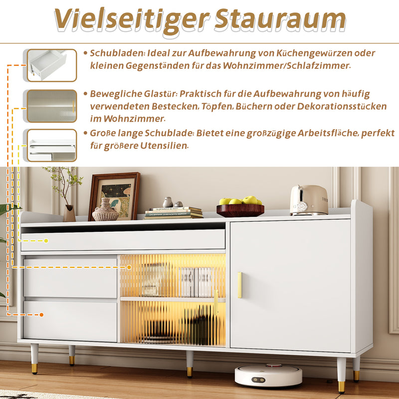 Buffet blanc 3 tiroirs avec portes coulissantes en verre et éclairage LED L140/P38/H76 SCRUVRINS