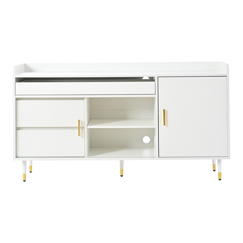 Buffet blanc 3 tiroirs avec portes coulissantes en verre et éclairage LED L140/P38/H76 SCRUVRINS