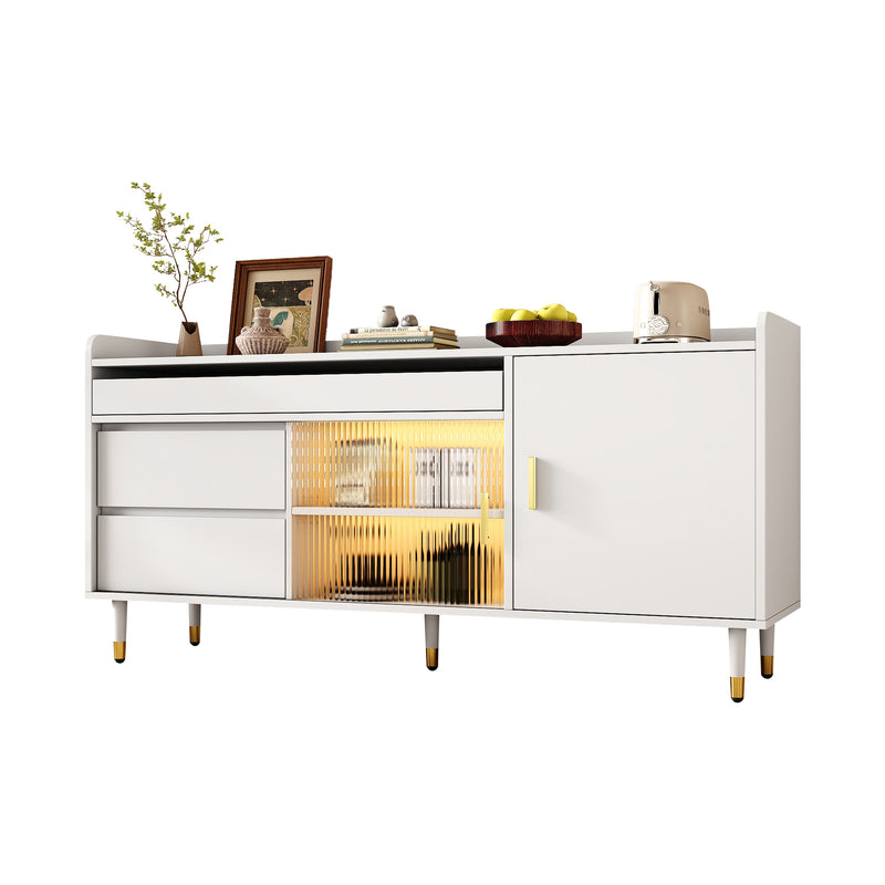 Buffet blanc 3 tiroirs avec portes coulissantes en verre et éclairage LED L140/P38/H76 SCRUVRINS