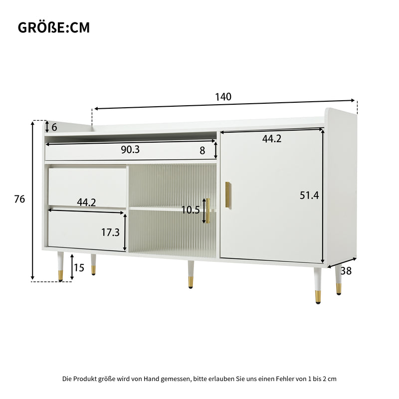 Buffet blanc 3 tiroirs avec portes coulissantes en verre et éclairage LED L140/P38/H76 SCRUVRINS