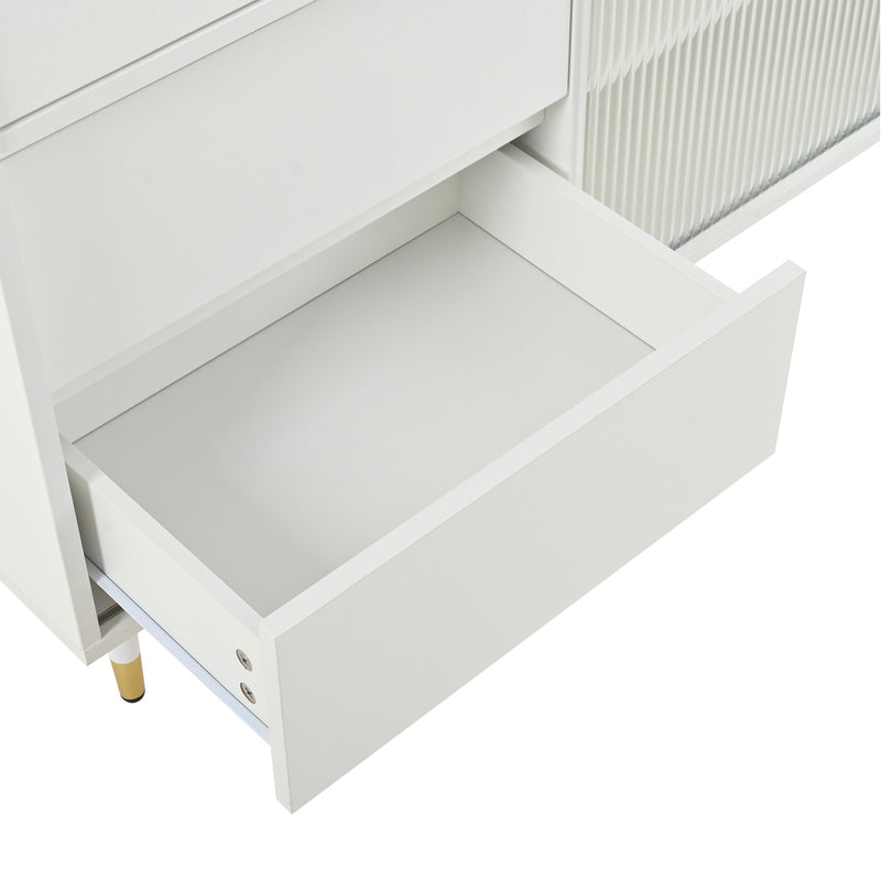 Buffet blanc 3 tiroirs avec portes coulissantes en verre et éclairage LED L140/P38/H76 SCRUVRINS