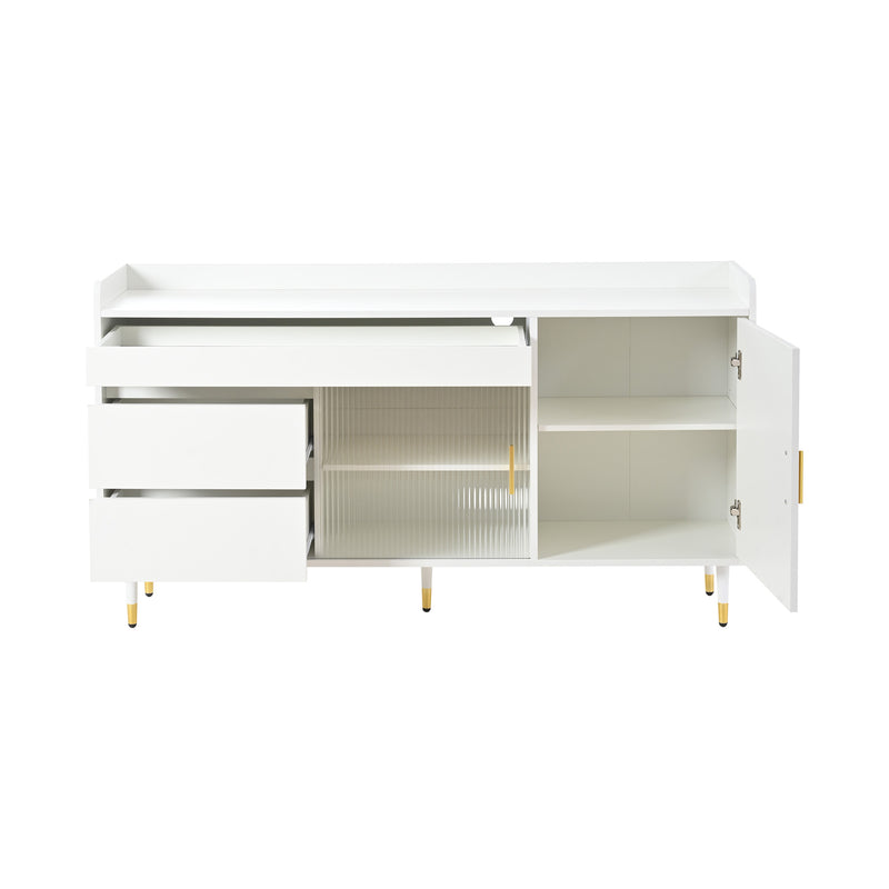 Buffet blanc 3 tiroirs avec portes coulissantes en verre et éclairage LED L140/P38/H76 SCRUVRINS