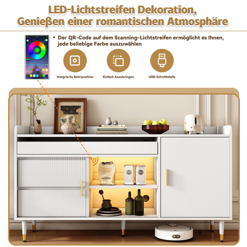 Buffet blanc 3 tiroirs avec portes coulissantes en verre et éclairage LED L140/P38/H76 SCRUVRINS