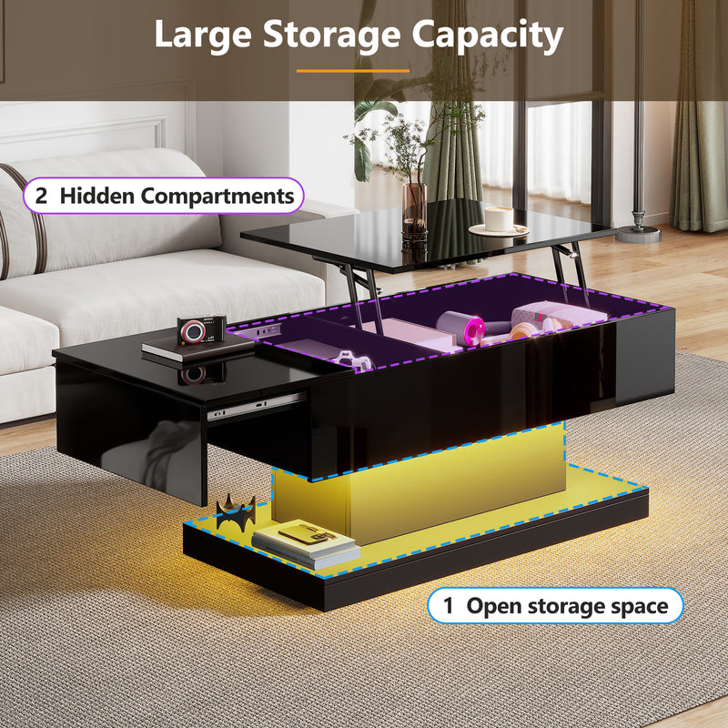 Table basse relevable laqué noire avec éclairage LED 100x50 cm SECRETION