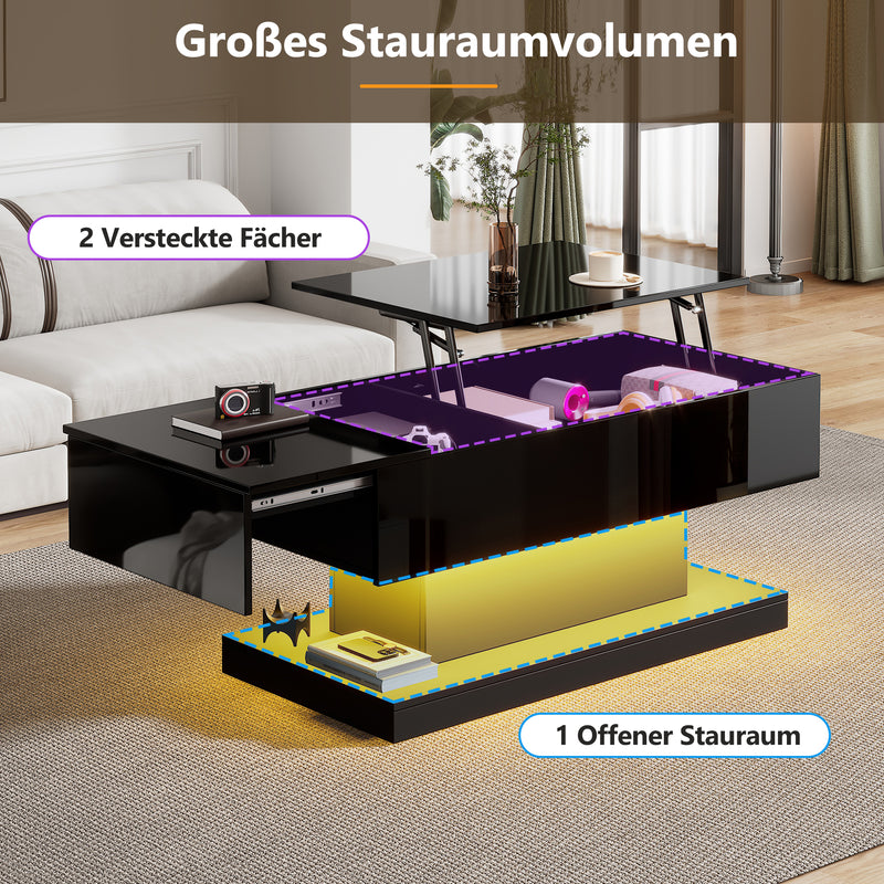 Table basse relevable laqué noire avec éclairage LED 100x50 cm SECRETION